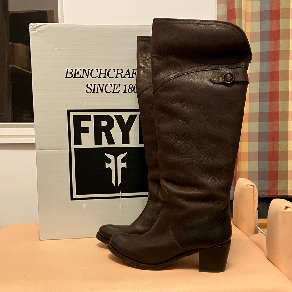Frye Jane Tall Cuff Block Heel Leather Boots in Dark Brown Women’s Size 10B
